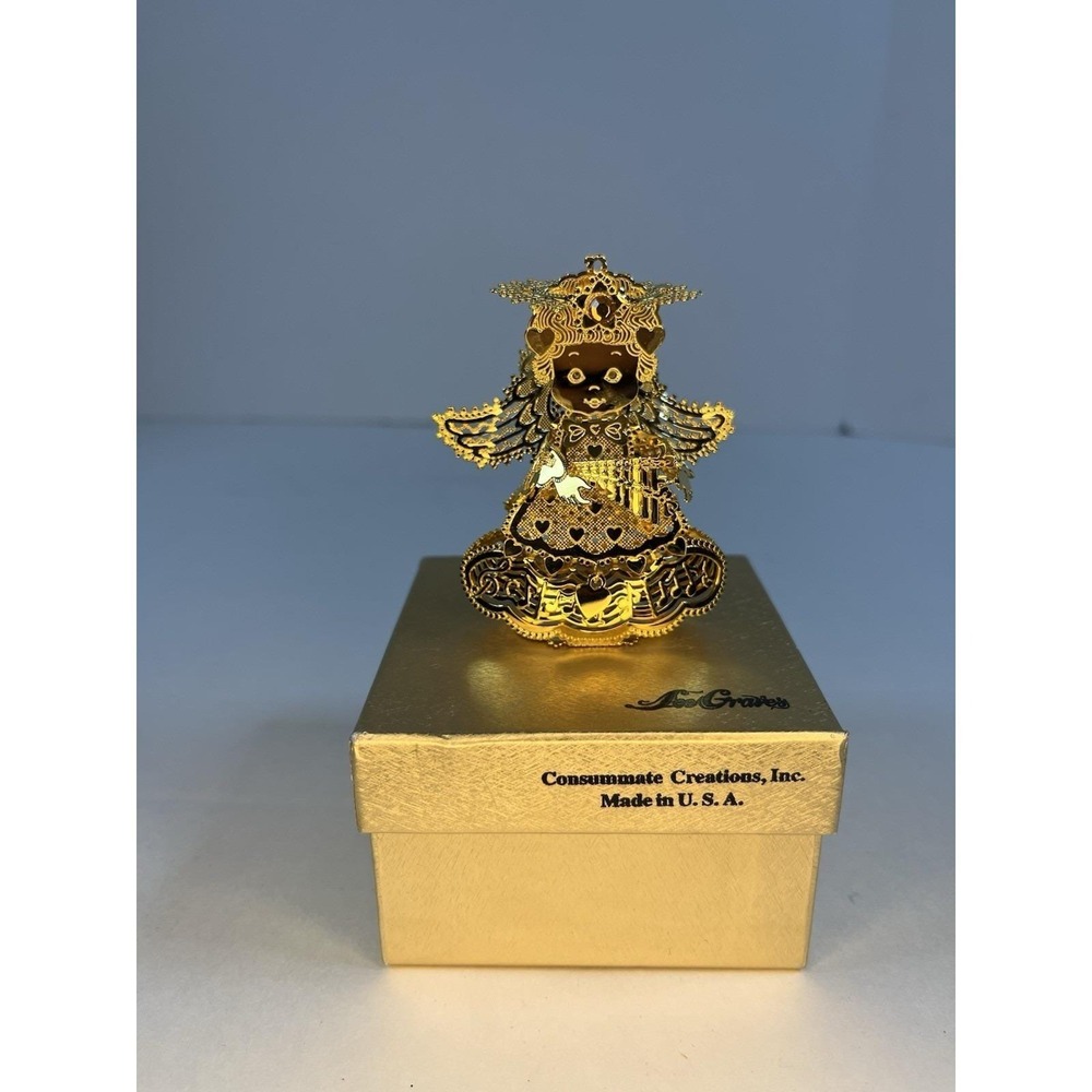 Lee Graves Vintage Gold Filigree Angel Ornament November Birthday Figurine Boxed